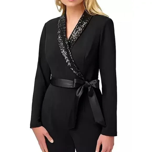 NEW NWT Adrianna Papell Womens Stretch Crepe Tuxedo Jumpsuit Sequin Lapel size 4 - Picture 3 of 8